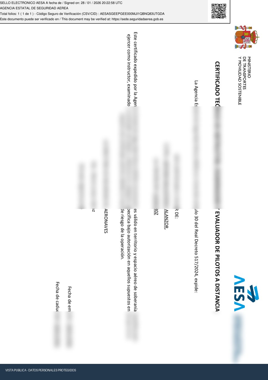 Certificado de instructor, examinador y evaluador